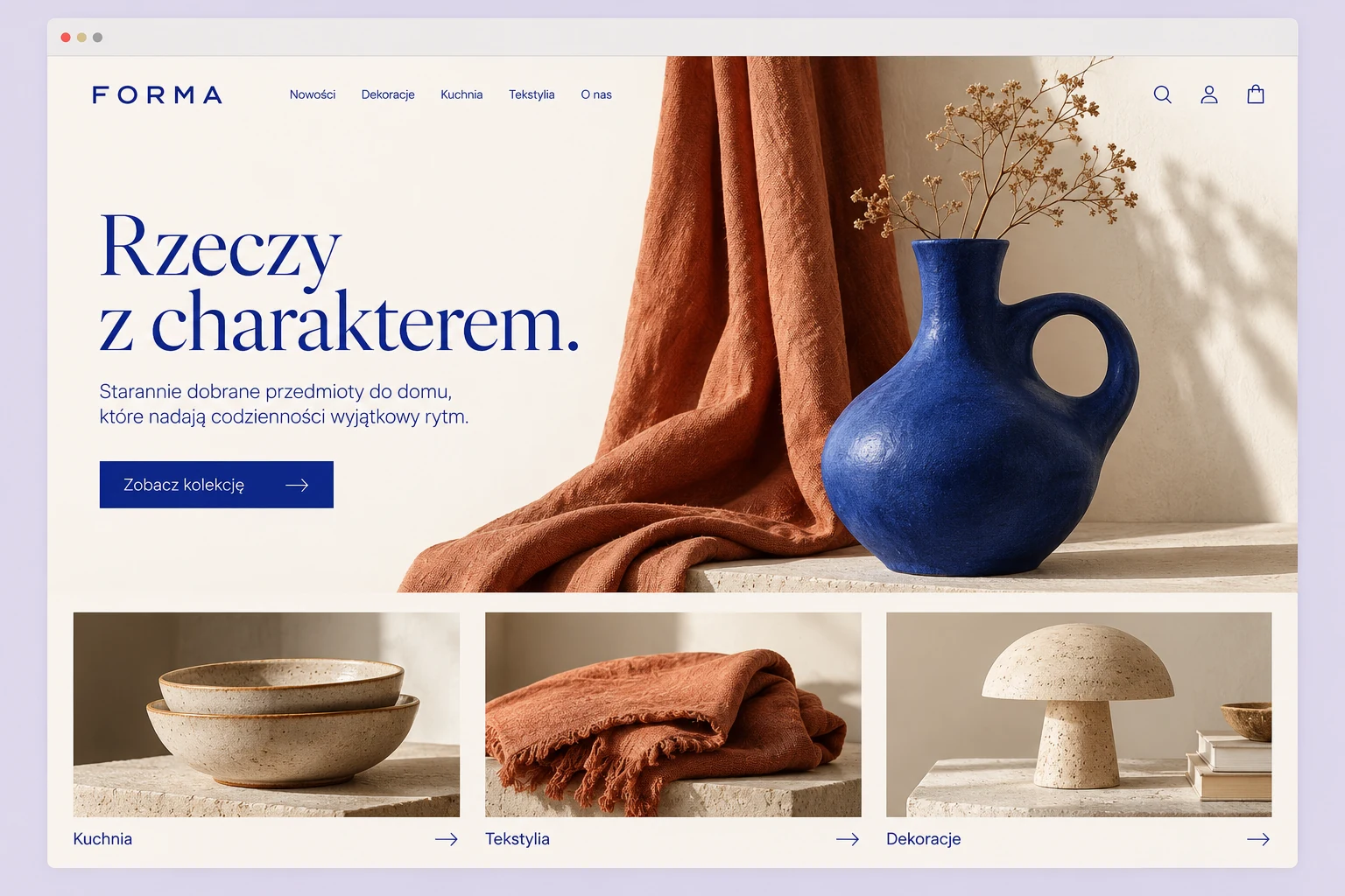 Przykładowy projekt sklepu z kobaltową ceramiką i jasnym układem